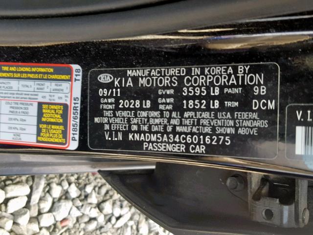 KNADM5A34C6016275 - 2012 KIA RIO LX BLACK photo 10