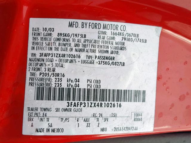 3FAFP31ZX4R102616 - 2004 FORD FOCUS ZX3 RED photo 10