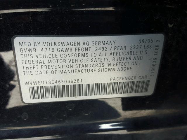 WVWEU73C46E066281 - 2006 VOLKSWAGEN PASSAT 3.6 BLACK photo 10