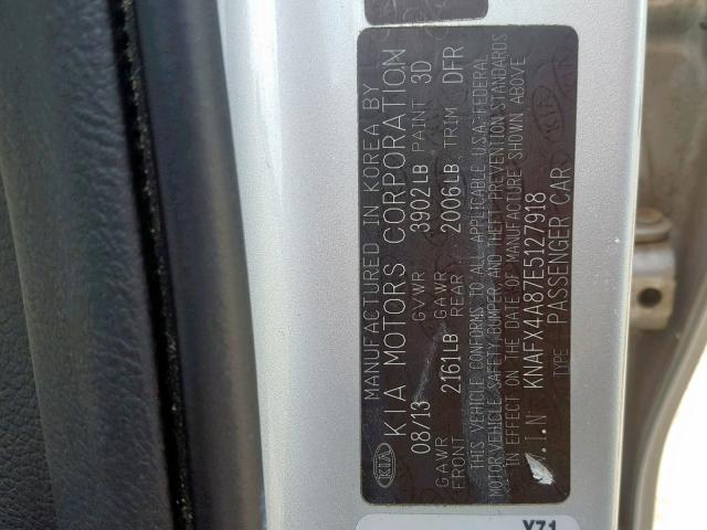 KNAFX4A87E5127918 - 2014 KIA FORTE EX SILVER photo 10