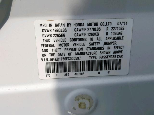 JH4KC1F56FC000597 - 2015 ACURA RLX TECH WHITE photo 10