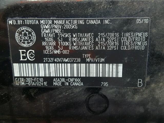 2T3ZF4DV7AW037238 - 2010 TOYOTA RAV4 BLACK photo 10