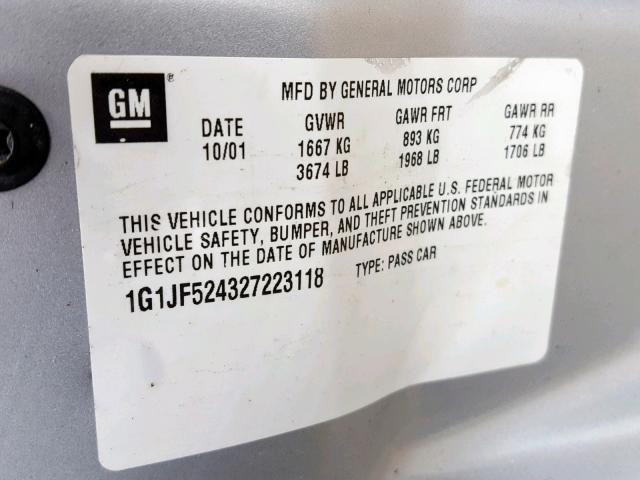 1G1JF524327223118 - 2002 CHEVROLET CAVALIER L SILVER photo 10