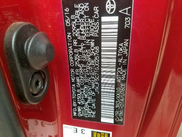 JTKJF5C71GJ025768 - 2016 TOYOTA SCION TC წითელი ფოტო 10