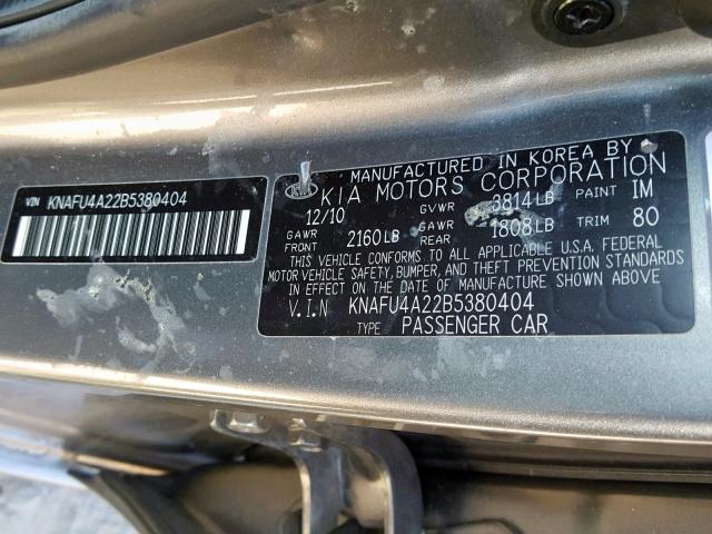 KNAFU4A22B5380404 - 2011 KIA FORTE EX GRAY photo 10