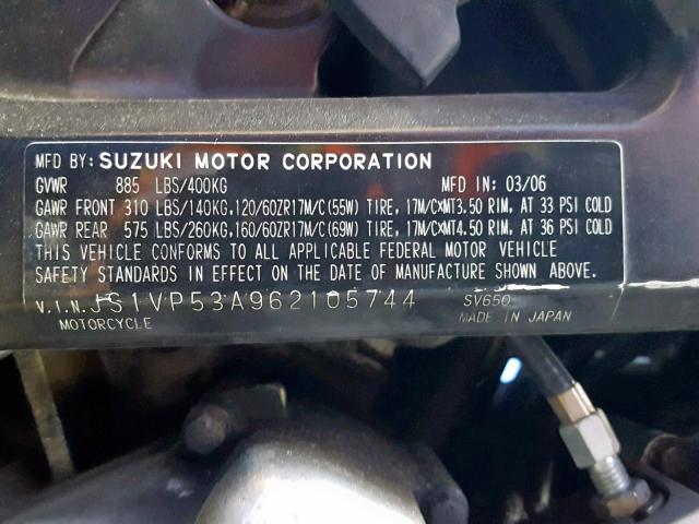 JS1VP53A962105744 - 2006 SUZUKI SV650 BLUE photo 10