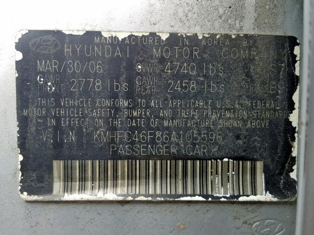 KMHFC46F86A105596 - 2006 HYUNDAI AZERA SE GRAY photo 10