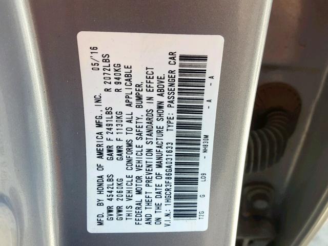 1HGCR3F86GA031633 - 2016 HONDA ACCORD EXL SILVER photo 10