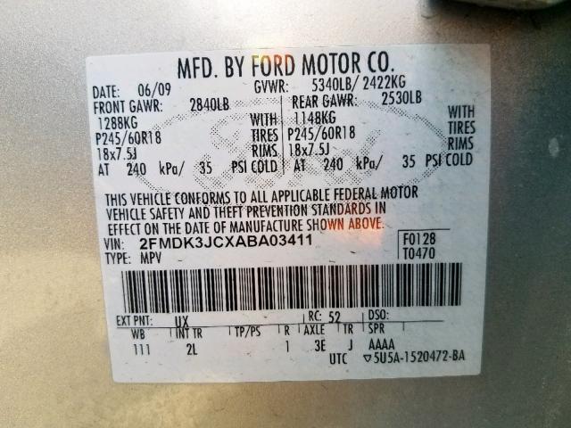 2FMDK3JCXABA03411 - 2010 FORD EDGE SEL SILVER photo 10