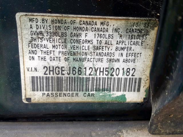 2HGEJ6612YH520182 - 2000 HONDA CIVIC BASE GREEN photo 10