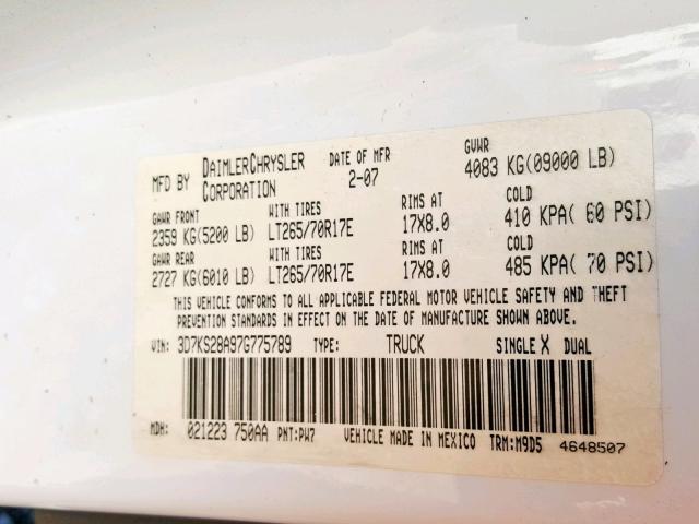 3D7KS28A97G775789 - 2007 DODGE RAM 2500 S 白色 照片 10
