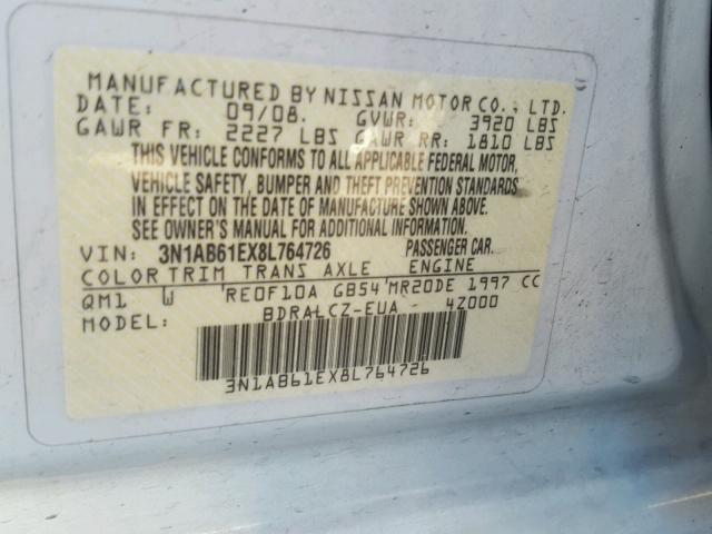 3N1AB61EX8L764726 - 2008 NISSAN SENTRA 2.0 WHITE photo 10