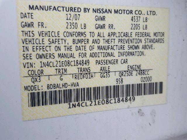 1N4CL21E08C184849 - 2008 NISSAN ALTIMA HYB WHITE photo 10