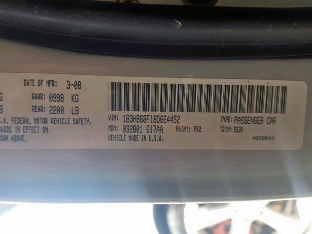 1B3HB68F18D664452 - 2008 DODGE CALIBER SR SILVER photo 10