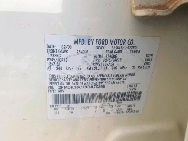 2FMDK36C78BA70356 - 2008 FORD EDGE SE BEIGE photo 10