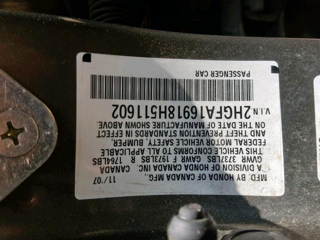 2HGFA16918H511602 - 2008 HONDA CIVIC EXL 灰色 照片 10