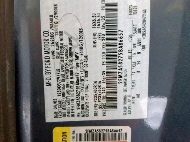 2FMZA58275BA86657 - 2005 FORD FREESTAR L BLUE photo 10