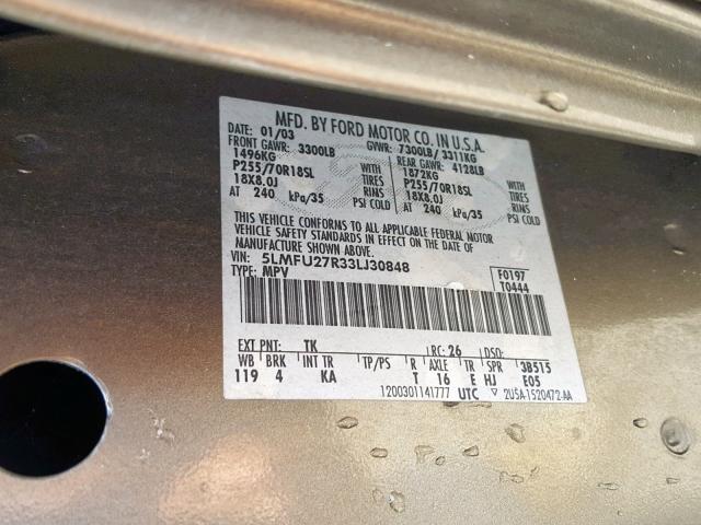 5LMFU27R33LJ30848 - 2003 LINCOLN NAVIGATOR BEIGE photo 10