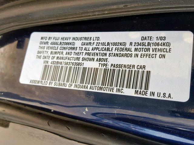 4S3BH675937635851 - 2003 SUBARU LEGACY OUT BLUE photo 10