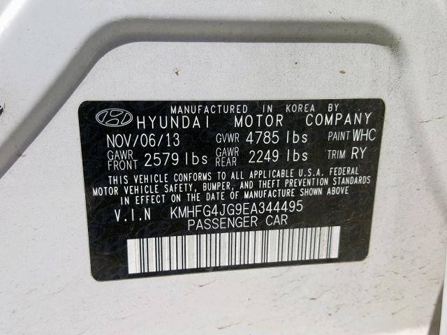 KMHFG4JG9EA344495 - 2014 HYUNDAI AZERA WHITE photo 10