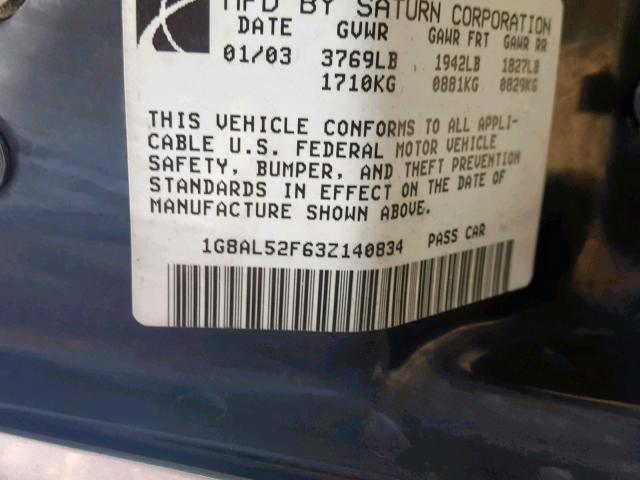 1G8AL52F63Z140834 - 2003 SATURN ION LEVEL GRAY photo 10