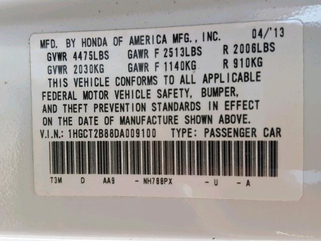 1HGCT2B88DA009100 - 2013 HONDA ACCORD EXL WHITE photo 10