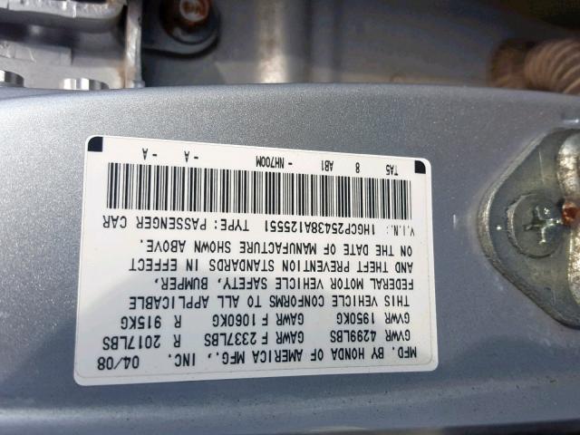 1HGCP25438A125551 - 2008 HONDA ACCORD LXP SILVER photo 10