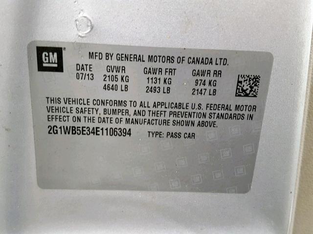 2G1WB5E34E1106394 - 2014 CHEVROLET IMPALA LIM SILVER photo 10