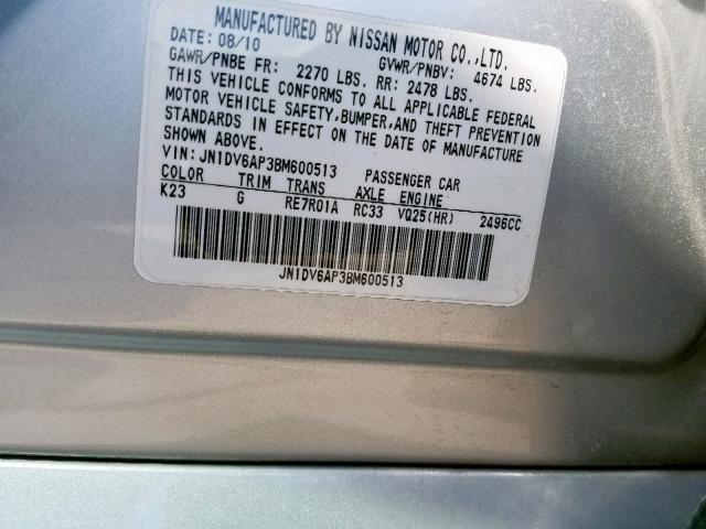 JN1DV6AP3BM600513 - 2011 INFINITI G25 BASE SILVER photo 10