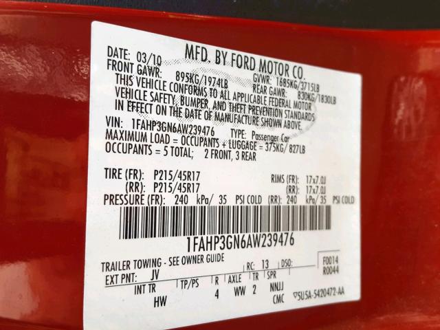 1FAHP3GN6AW239476 - 2010 FORD FOCUS SES RED photo 10