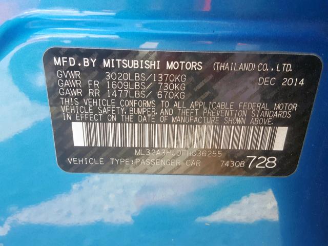 ML32A3HJ0FH036255 - 2015 MITSUBISHI MIRAGE DE BLUE photo 10