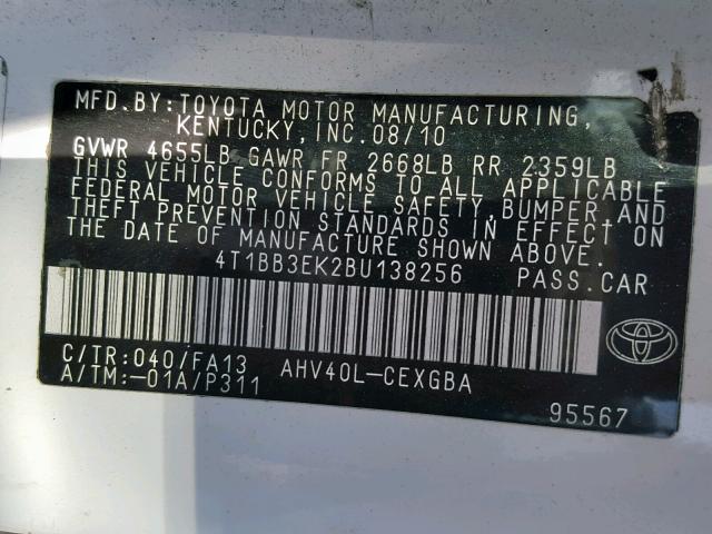 4T1BB3EK2BU138256 - 2011 TOYOTA CAMRY HYBR WHITE photo 10