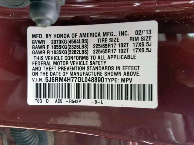 5J6RM4H77DL048890 - 2013 HONDA CR-V EXL MAROON photo 10