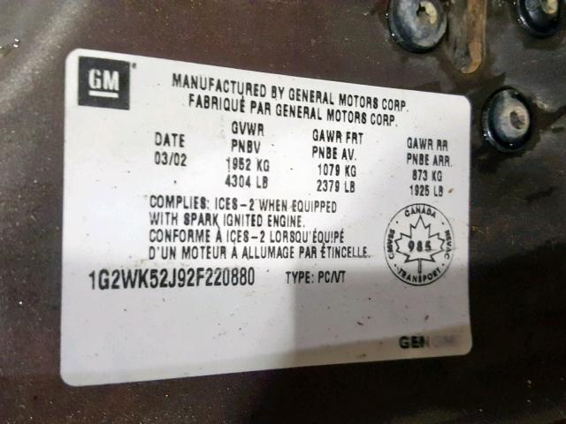 1G2WK52J92F220880 - 2002 PONTIAC GRAND PRIX GOLD photo 10