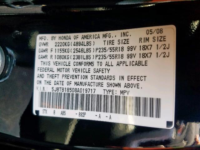 5J8TB18508A019717 - 2008 ACURA RDX TECHNO BLACK photo 10