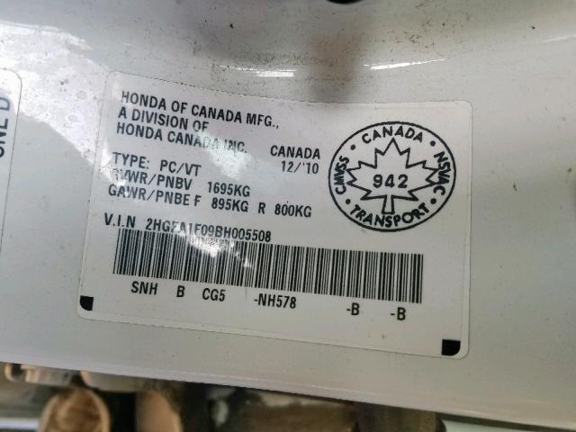 2HGFA1F09BH005508 - 2011 HONDA CIVIC EXL 白色 照片 10
