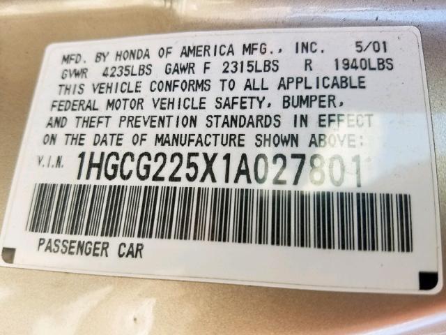 1HGCG225X1A027801 - 2001 HONDA ACCORD EX GOLD photo 10