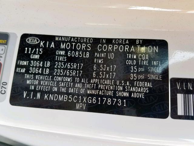 KNDMB5C1XG6178731 - 2016 KIA SEDONA LX WHITE photo 10