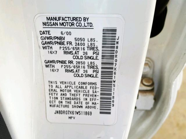 JN8DR07X61W511869 - 2001 NISSAN PATHFINDER WHITE photo 10