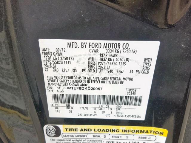 1FTFW1EF8DKD20057 - 2013 FORD F150 SUPER BLACK photo 10