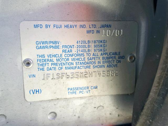 JF1SF635X2H745382 - 2002 SUBARU FORESTER L GRAY photo 10