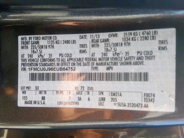 1FMCU0J96EUB64752 - 2014 FORD ESCAPE TIT SILVER photo 10