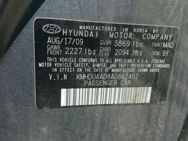 KMHDU4AD8AU862452 - 2010 HYUNDAI ELANTRA BL GRAY photo 10