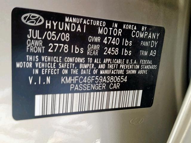 KMHFC46F59A380654 - 2009 HYUNDAI AZERA SE TAN photo 10