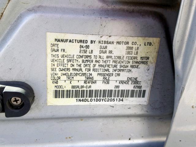 1N4DL01D0YC205134 - 2000 NISSAN ALTIMA XE SILVER photo 10