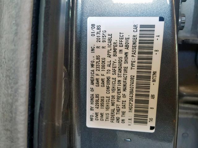 1HGCP26438A074082 - 2008 HONDA ACCORD LXP GRAY photo 10