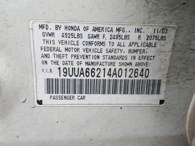 19UUA66214A012640 - 2004 ACURA TL WHITE photo 10