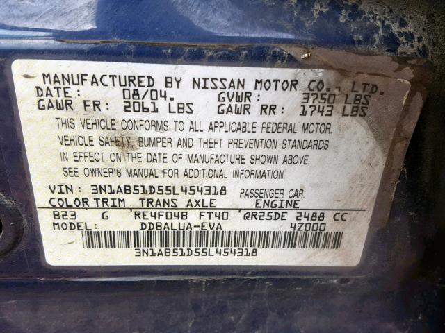 3N1AB51D55L454318 - 2005 NISSAN SENTRA SE- BLUE photo 10