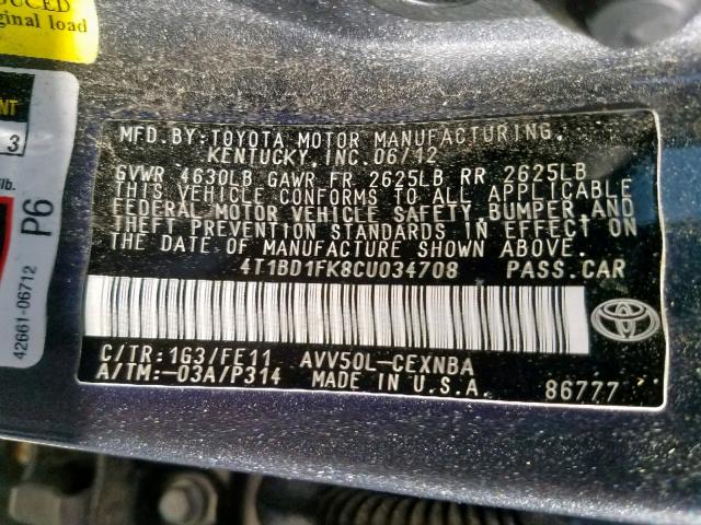 4T1BD1FK8CU034708 - 2012 TOYOTA CAMRY HYBR GRAY photo 10