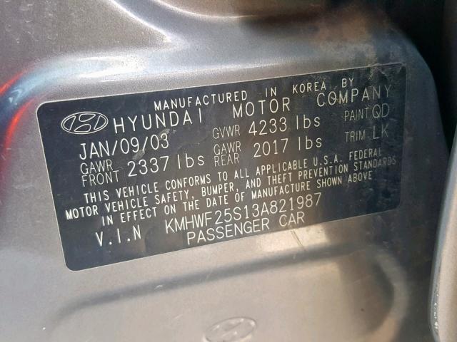 KMHWF25S13A821987 - 2003 HYUNDAI SONATA GL GRAY photo 10